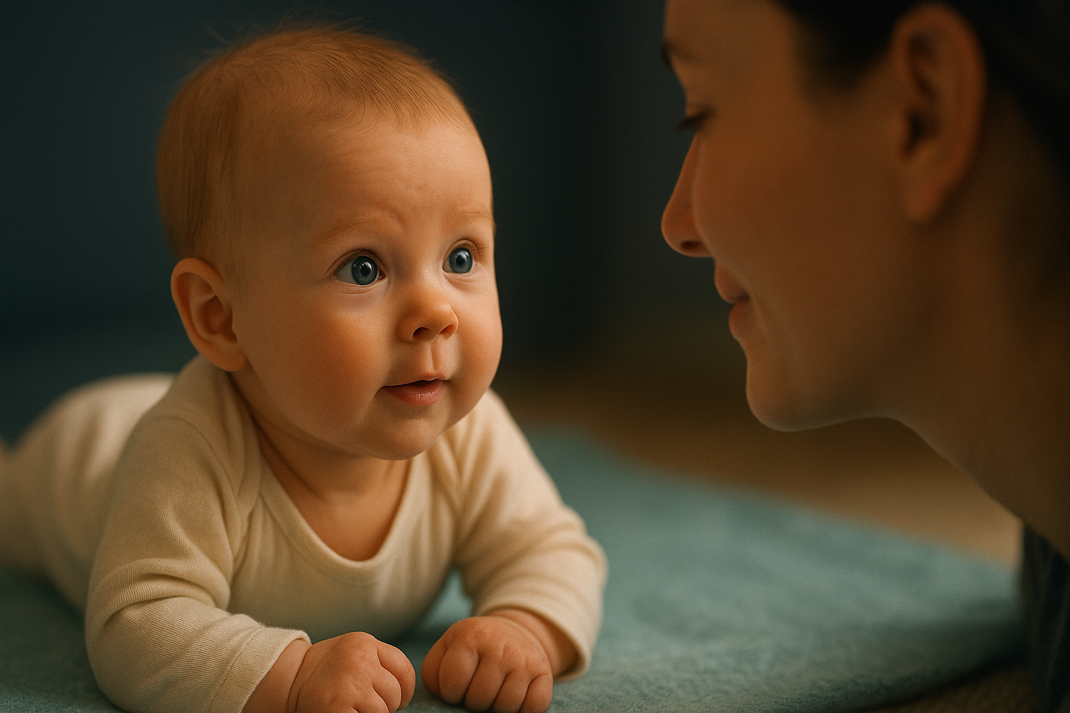 Baby kijkt aandachtig naar het gezicht van de ouder, vol verbondenheid.