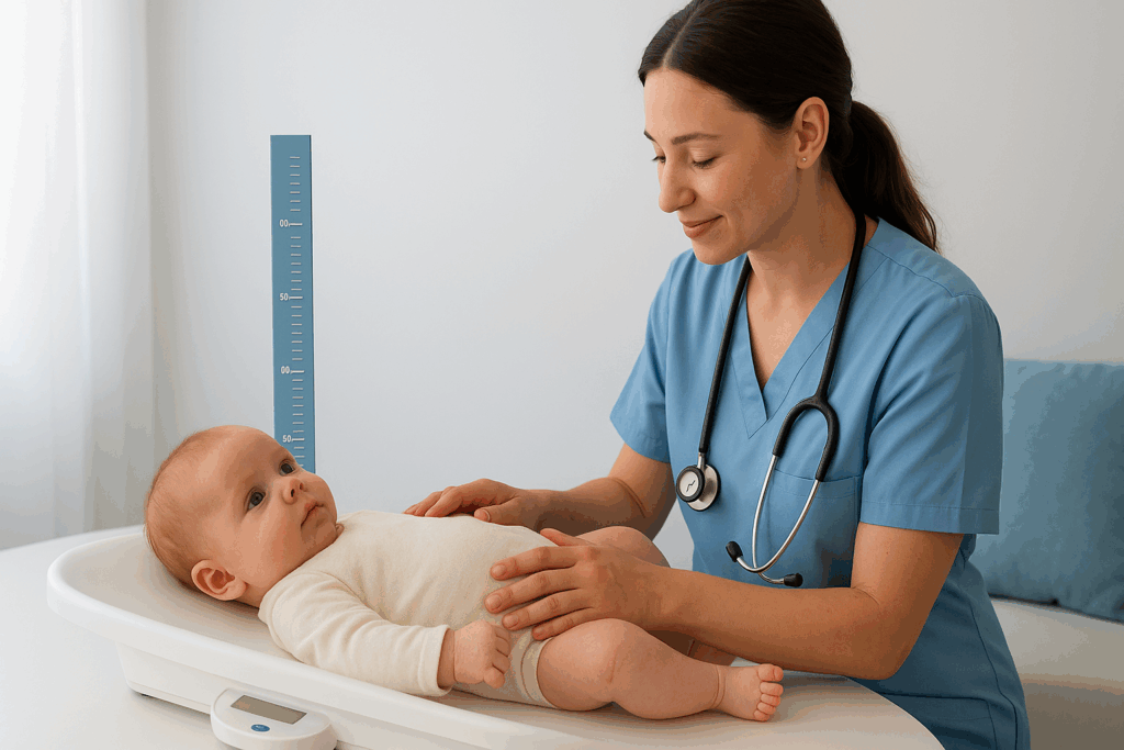 Baby wordt gewogen en gemeten bij het consultatiebureau in een lichte kamer.