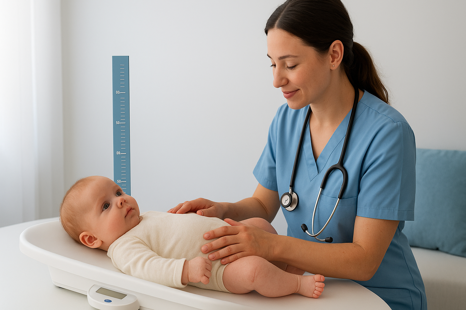 Baby wordt gewogen en gemeten bij het consultatiebureau in een lichte kamer.