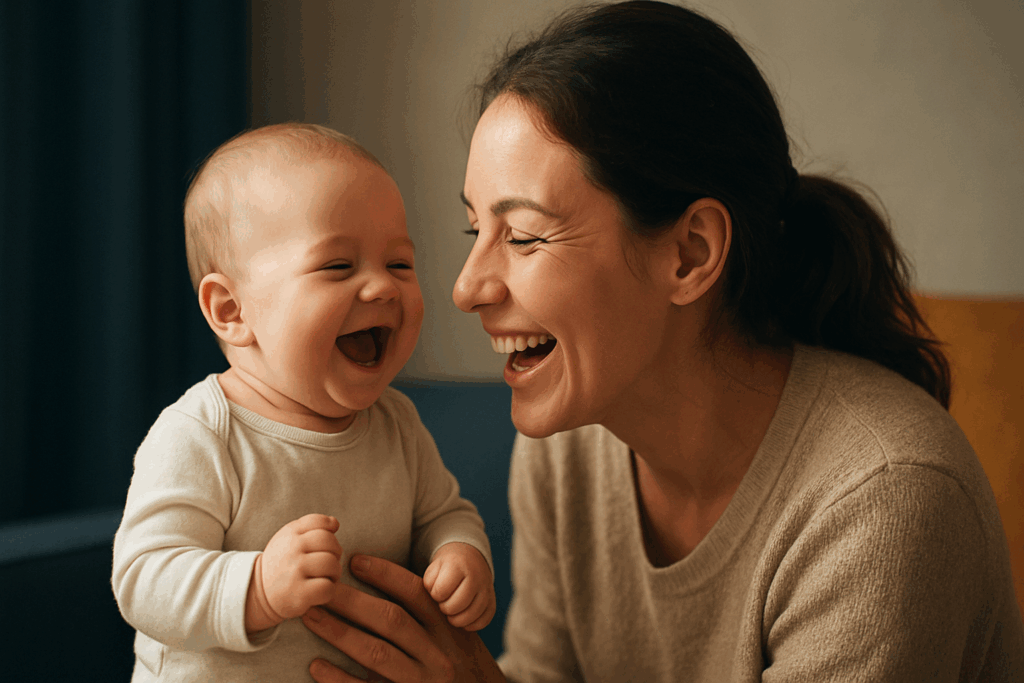 Baby lacht samen met de ouder, warme gezinsmomenten in huis.