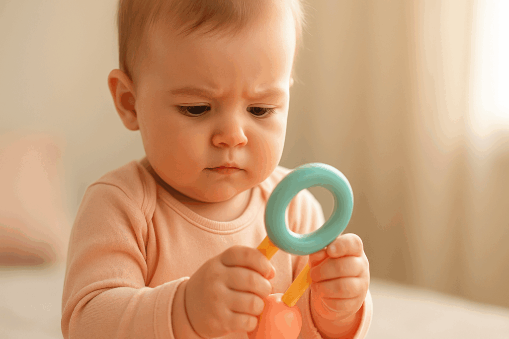 Baby houdt een rammelaar vast en kijkt geconcentreerd, in zacht daglicht.