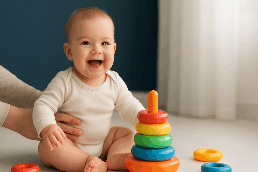 Baby zit met ondersteuning en speelt met gekleurde stapelringen.