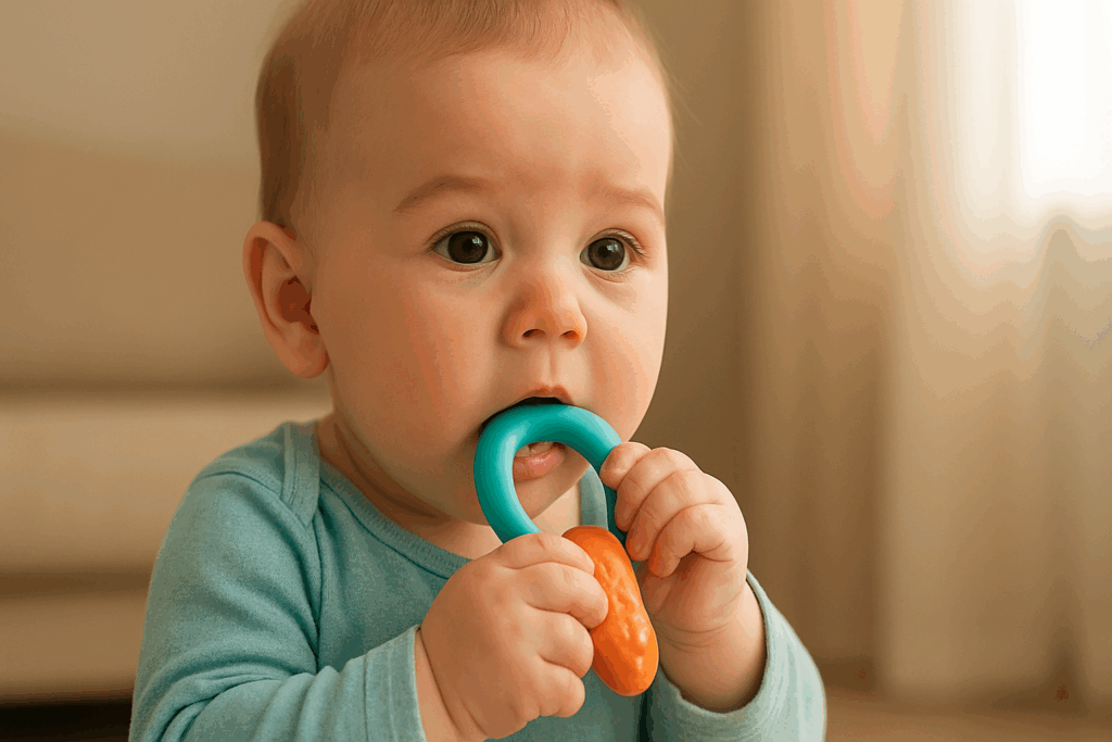 Baby heft enthousiast beide armpjes op en lacht vrolijk.