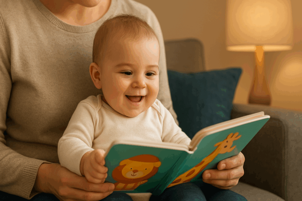 Baby zit op de schoot van de ouder en kijkt naar een prentenboek.