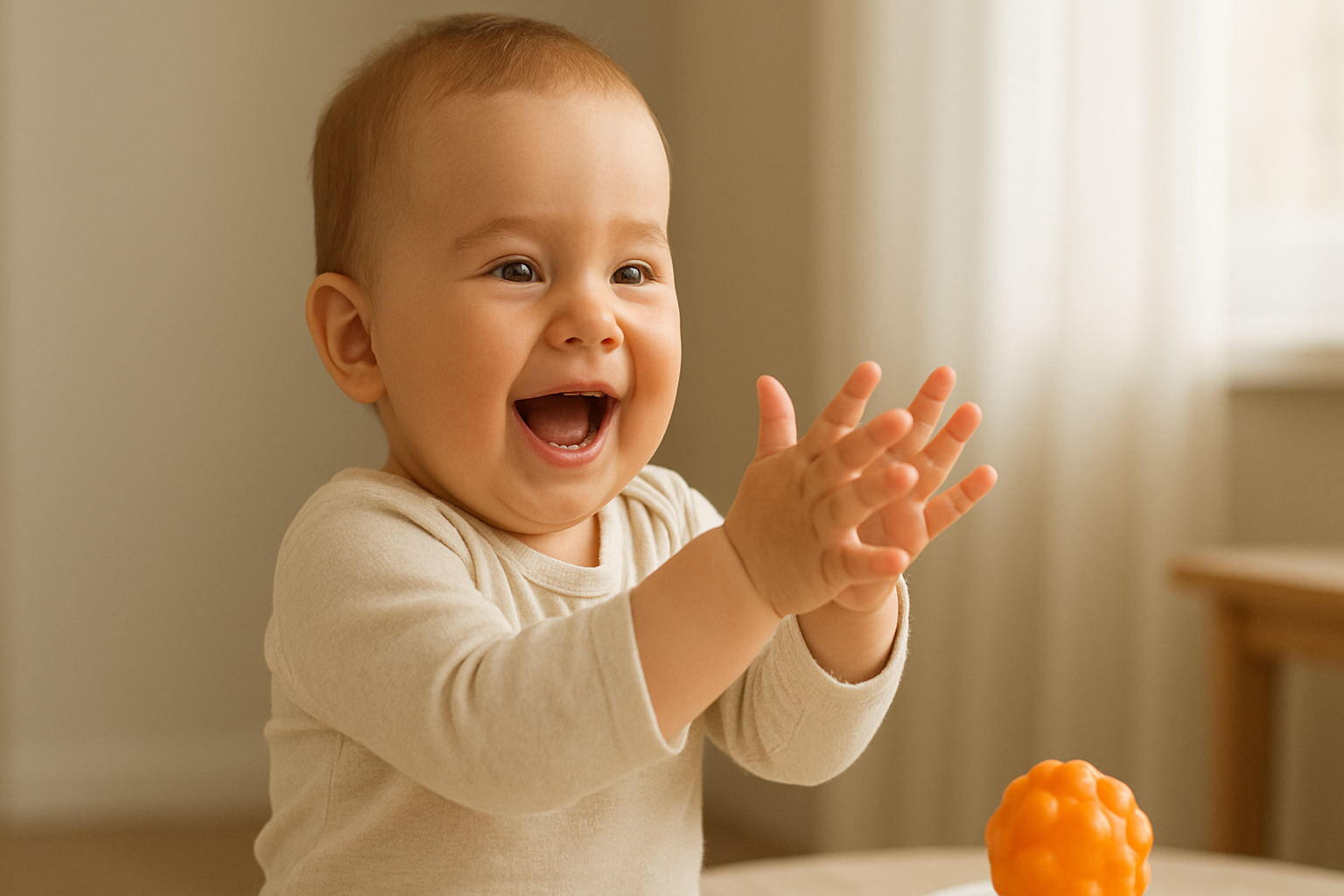 Baby klapt blij in de handjes terwijl zonlicht door het raam valt.