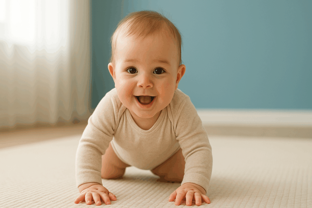 Baby kruipt voor het eerst op een zacht speelkleed in een lichte kamer.
