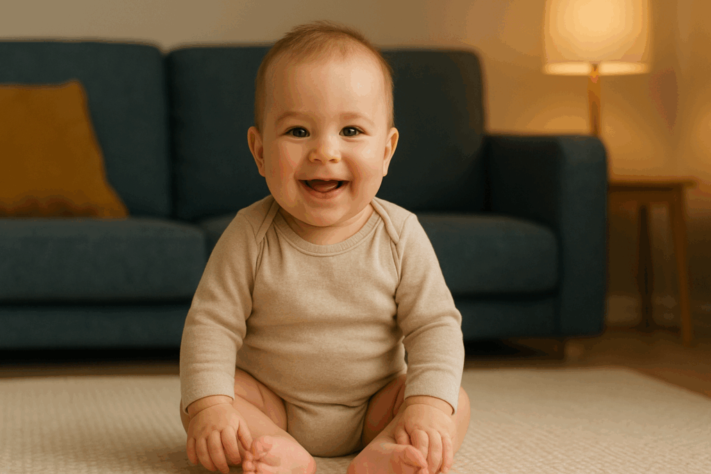 Baby zit zelfstandig rechtop en lacht trots naar de camera.