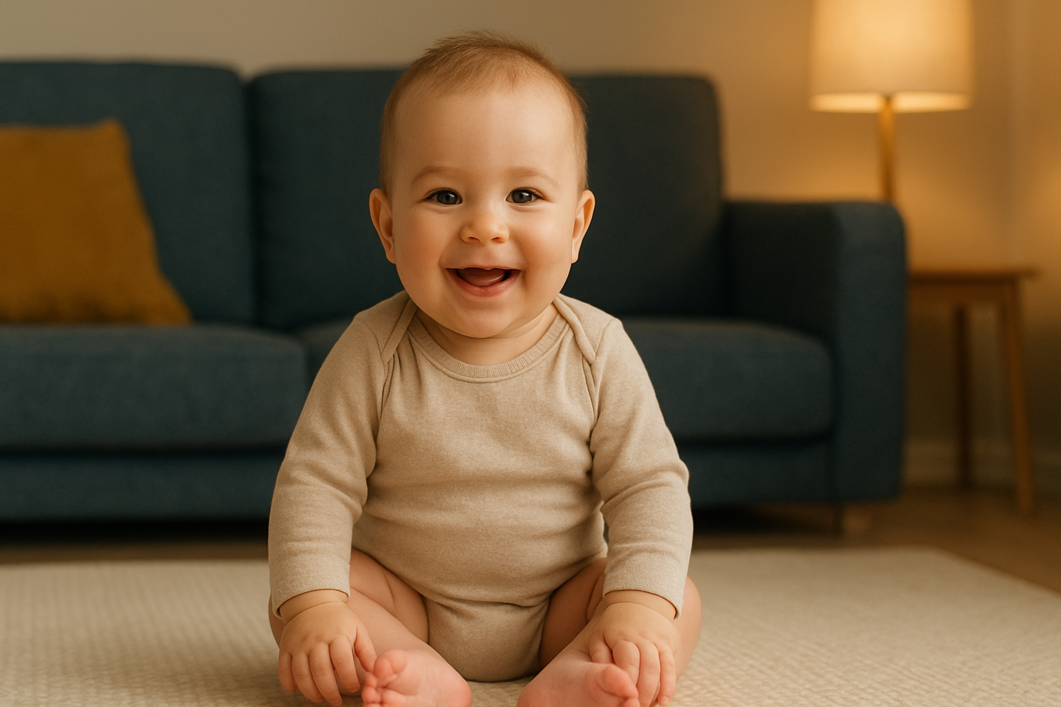 Baby zit zelfstandig rechtop en lacht trots naar de camera.