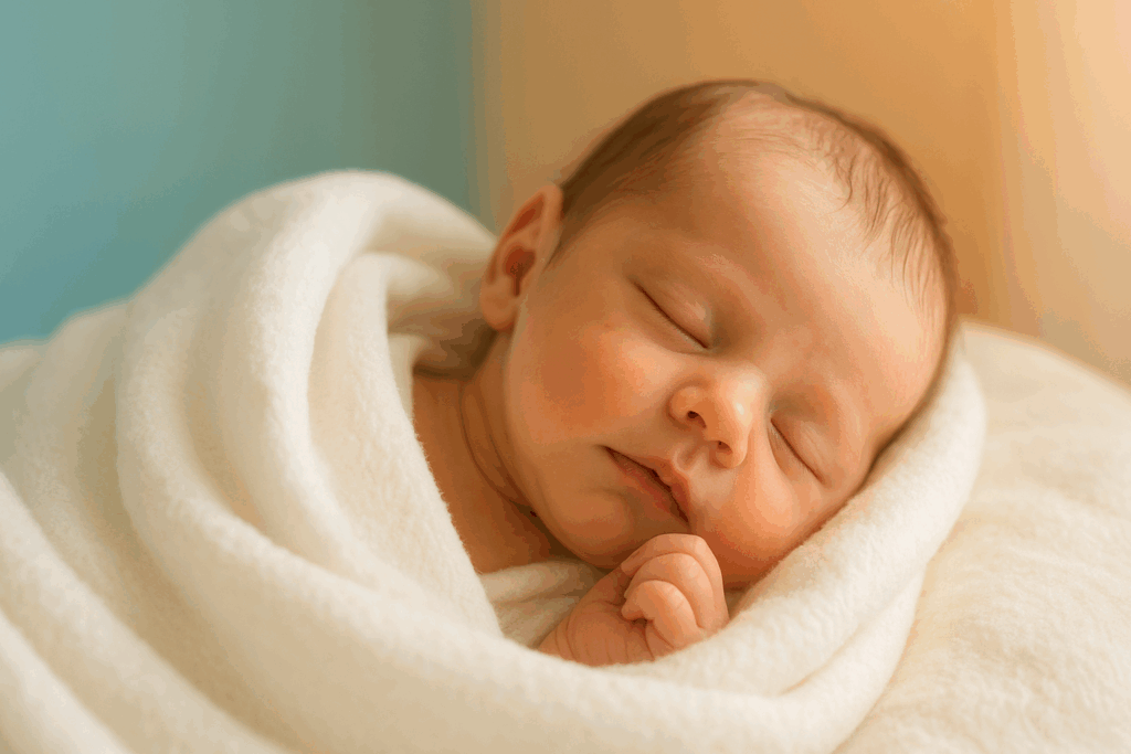 Pasgeboren baby die vredig slaapt in een witte deken met zacht ochtendlicht.