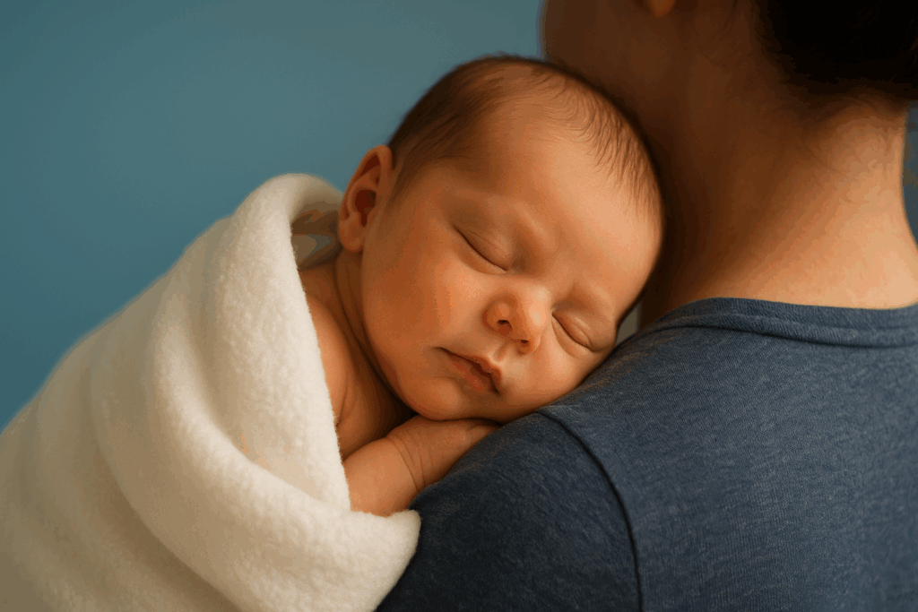 Kleine baby op de borst van de ouder, huid-op-huid contact, warme en liefdevolle sfeer.