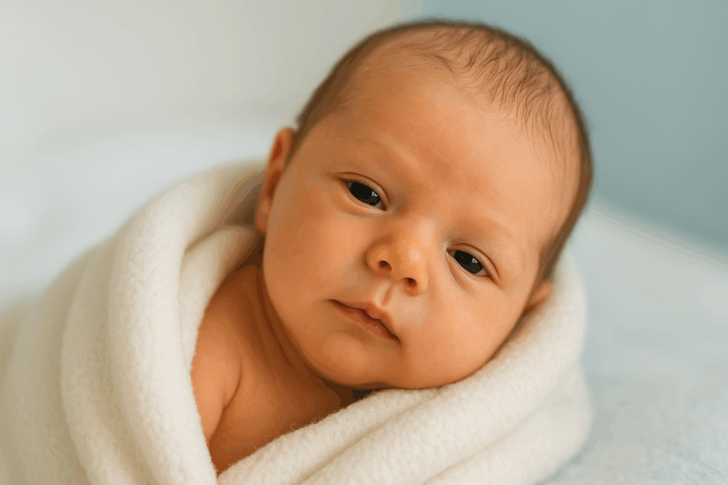 Baby van drie weken opent voorzichtig de ogen in zacht daglicht.