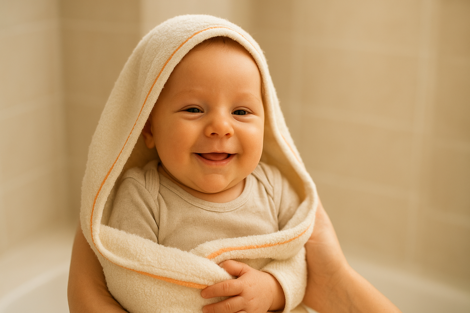 Baby gewikkeld in een handdoek na het bad, met een klein glimlachje.