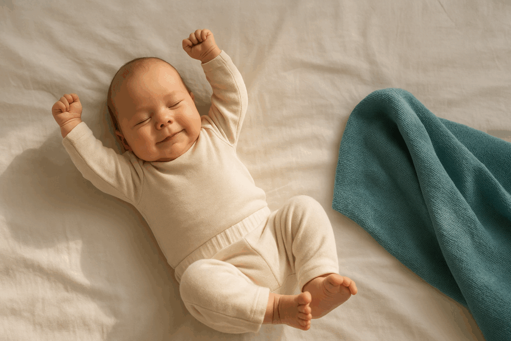 Baby strekt armpjes en beentjes uit op een wit bed in het ochtendlicht.