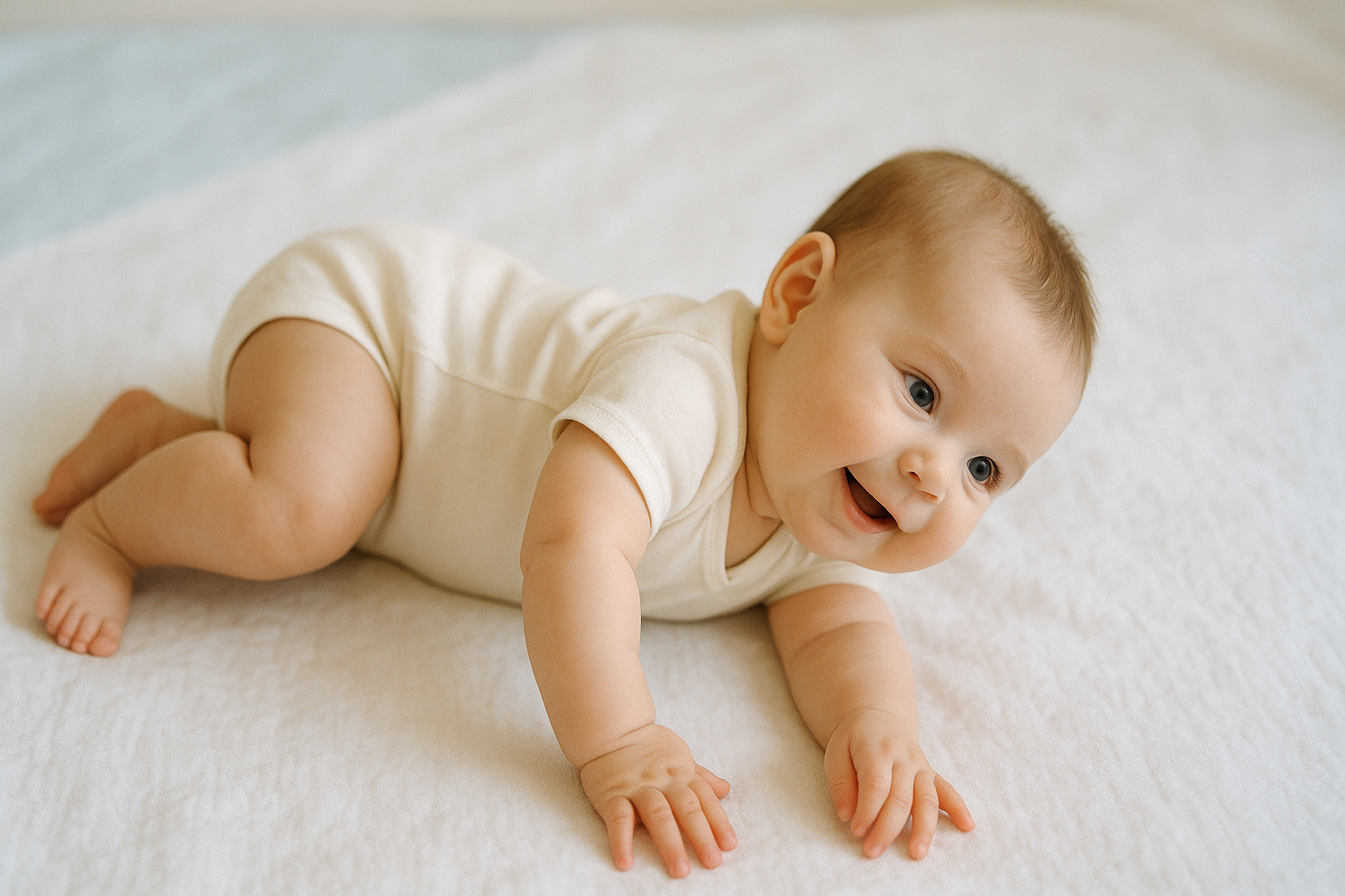Baby rolt voor het eerst van rug naar zij op een witte deken.
