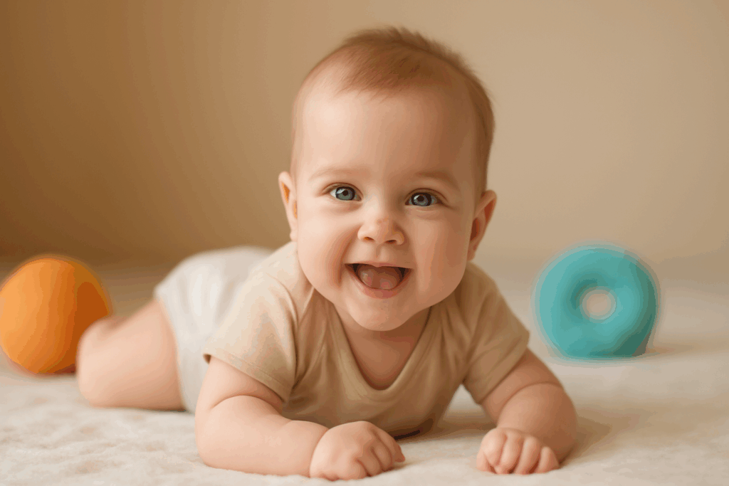 Lachende baby tijdens tummy time, met zachte pastelkleuren op de achtergrond.