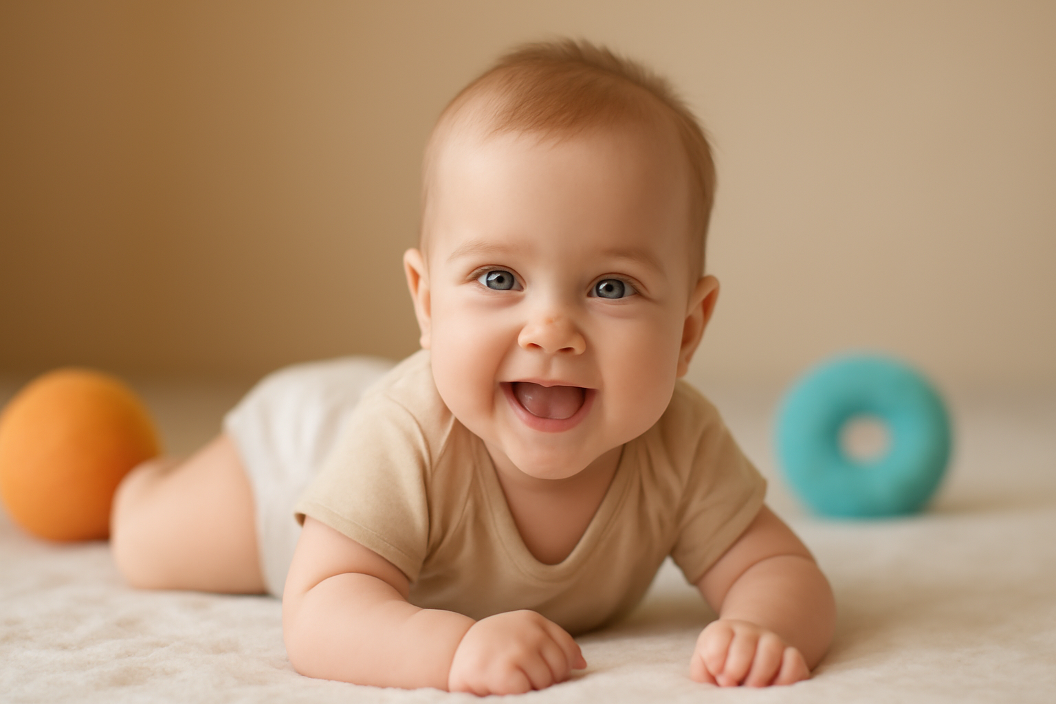 Lachende baby tijdens tummy time, met zachte pastelkleuren op de achtergrond.