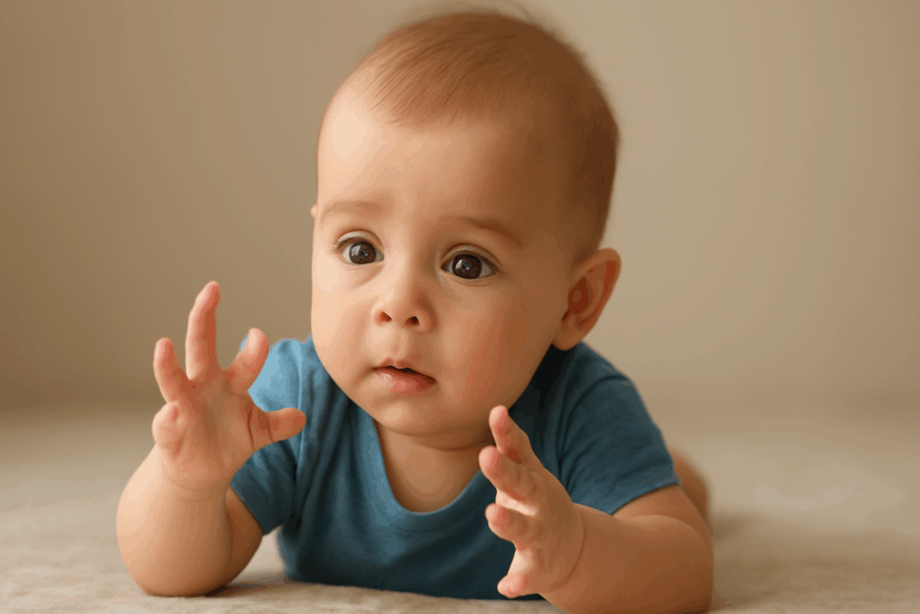 Baby ontdekt zijn handjes en bekijkt nieuwsgierig zijn vingers.