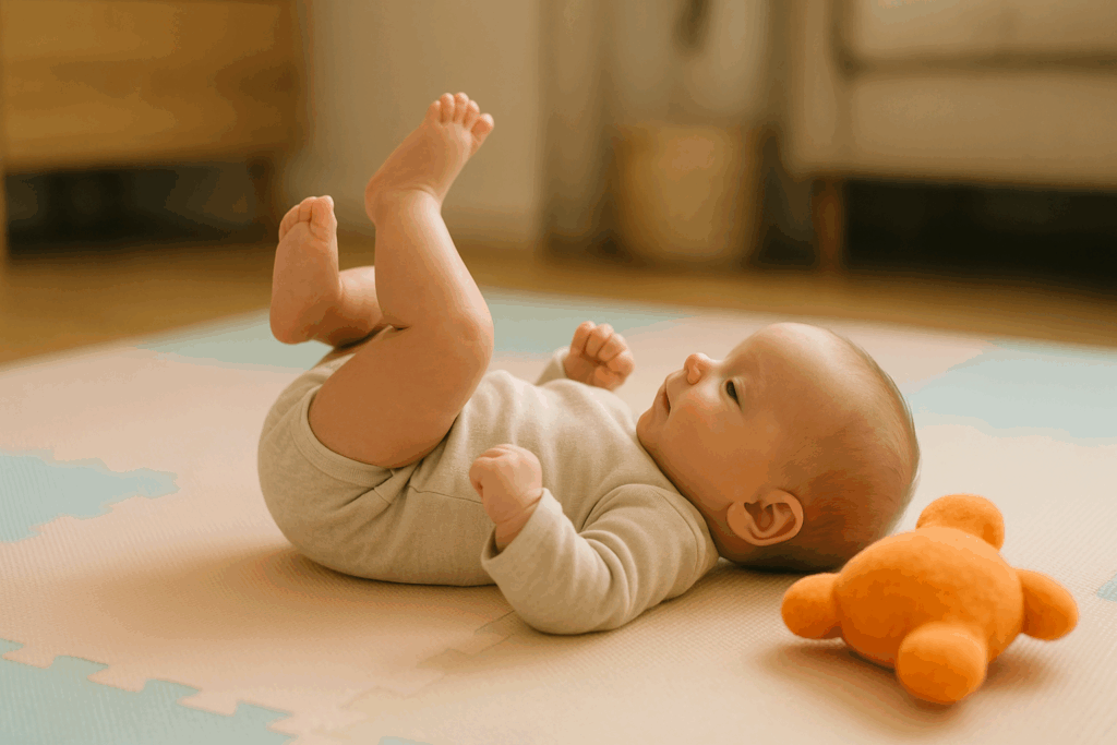 Baby trappelt vrolijk met de beentjes op een speelkleed met pastelkleuren.