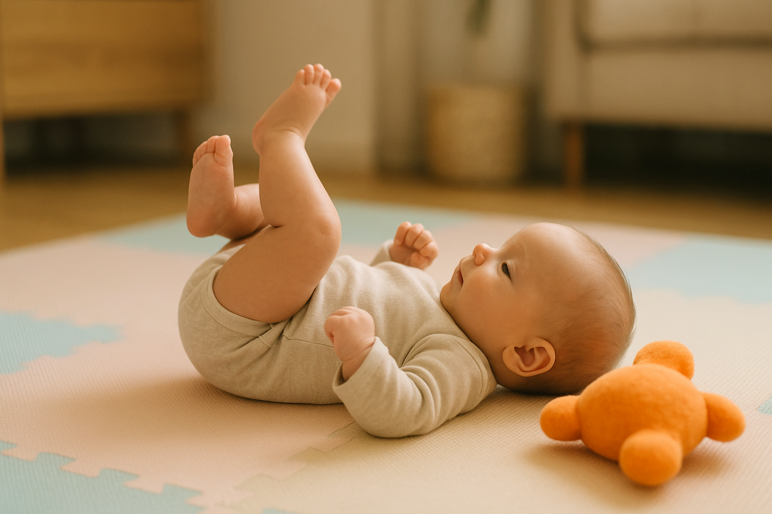 Baby trappelt vrolijk met de beentjes op een speelkleed met pastelkleuren.