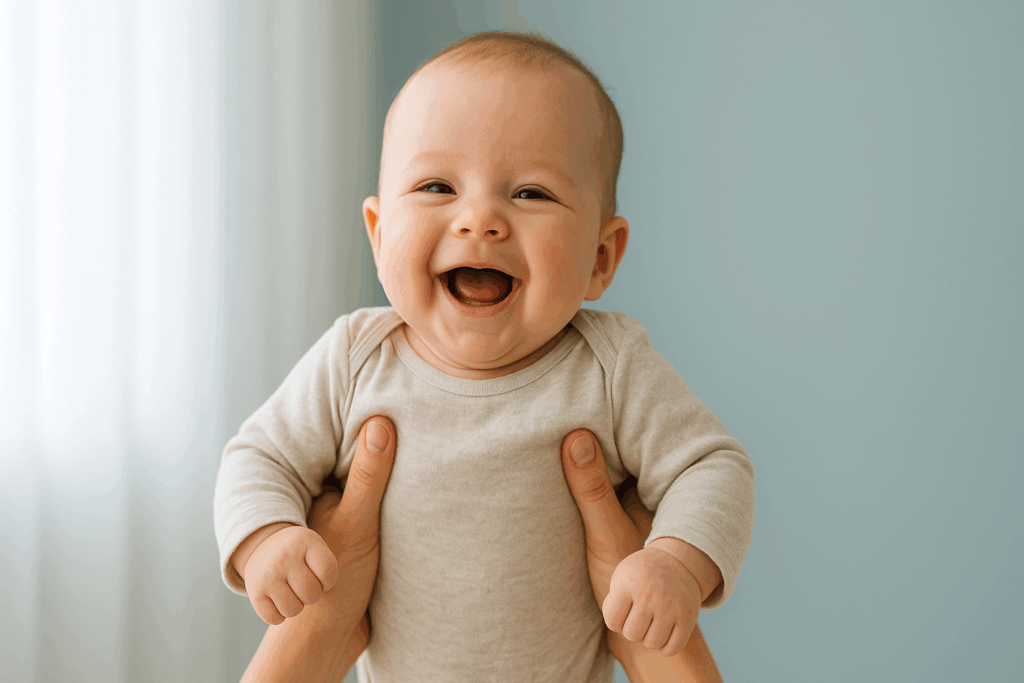 Drie maanden oude baby lacht breed in de armen van de ouder bij daglicht.