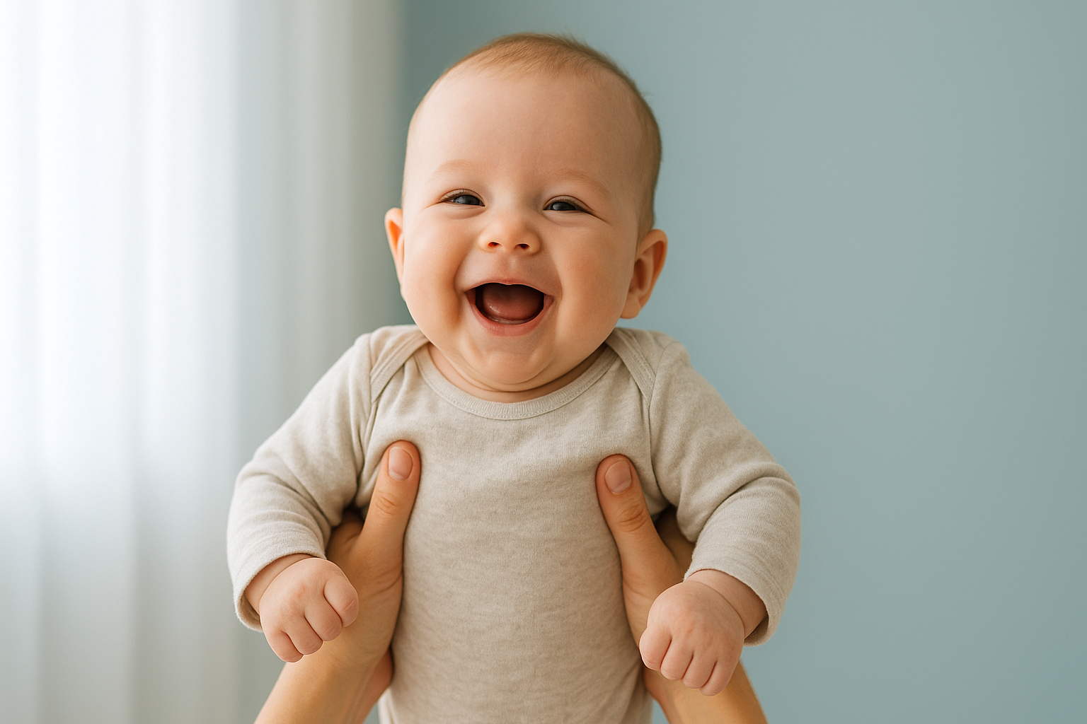 Drie maanden oude baby lacht breed in de armen van de ouder bij daglicht.