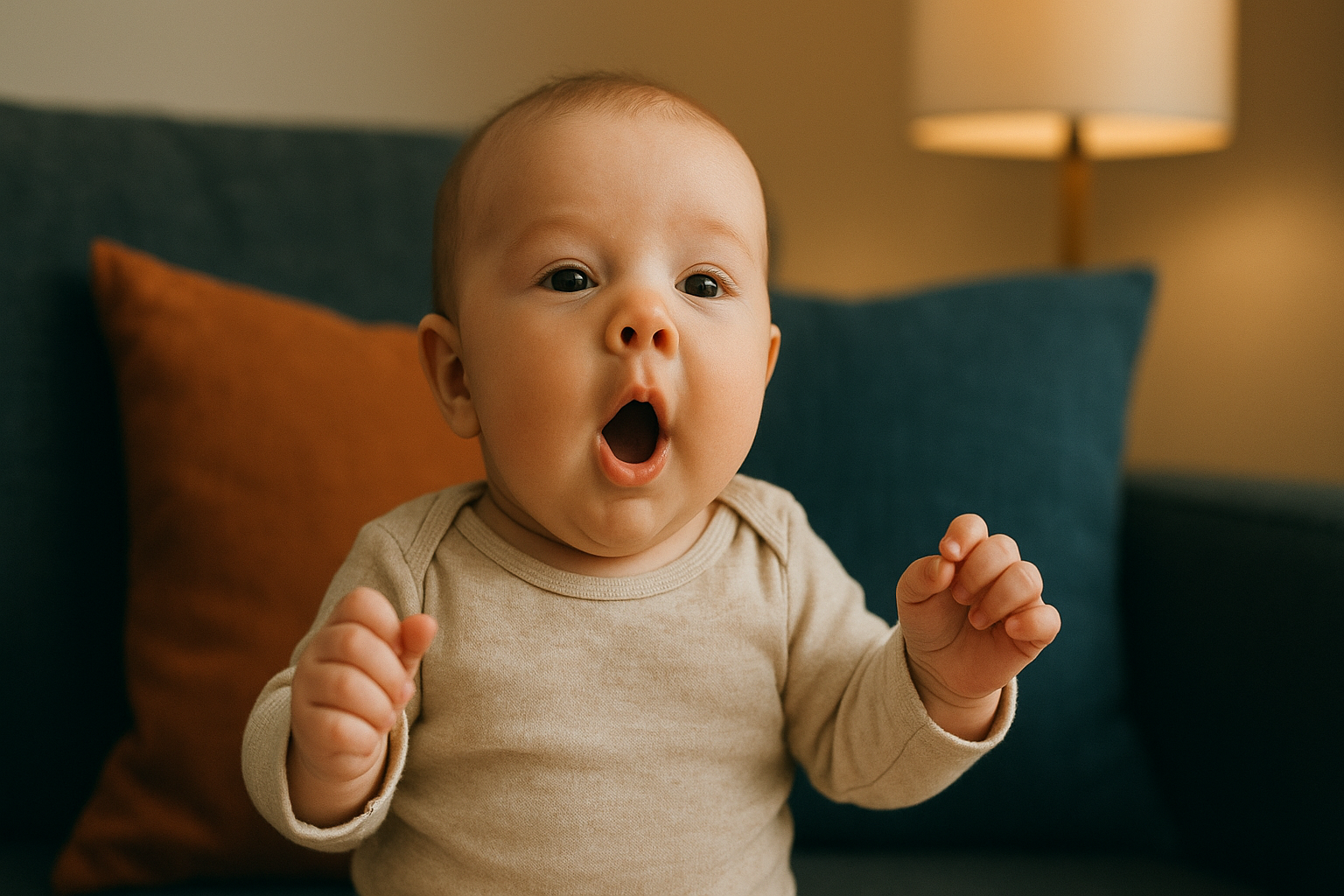 Baby oefent met geluidjes maken en kijkt blij rond in de woonkamer.