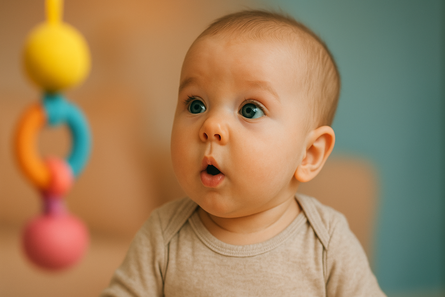 Baby volgt een kleurrijk speeltje met de ogen, geconcentreerde blik.