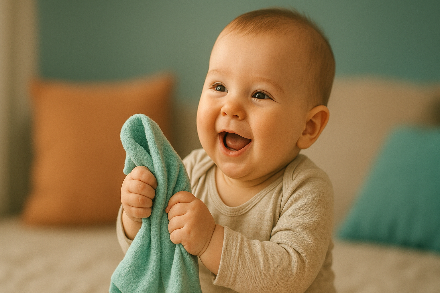 Baby pakt een zacht doekje vast en glimlacht speels in een warme setting.