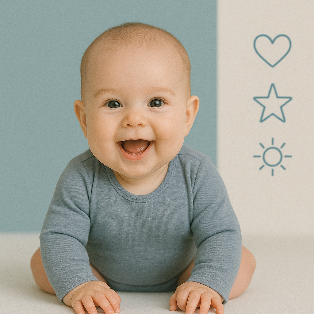 Een zes maanden oude baby zit met ondersteuning en lacht breed, voor een luchtige achtergrond met een blauw-naar-wit verloop.