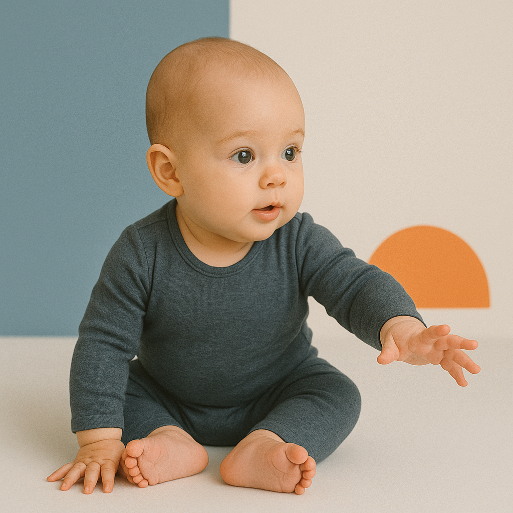 Een zeven maanden oude baby zit zelfstandig en reikt naar een speeltje, in een lichte studio met veel witruimte en zachte blauwtinten.