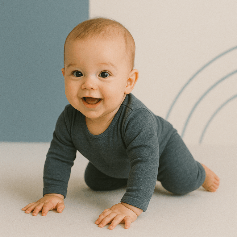 Een acht maanden oude baby kruipt enthousiast over een lichte vloer, in een moderne minimalistische setting met natuurlijke belichting.
