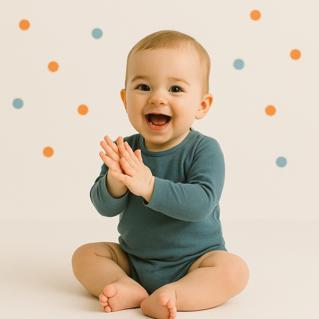 Een negen maanden oude baby klapt in de handjes van plezier, tegen een witte achtergrond met subtiele confettivlekjes in pasteltinten.