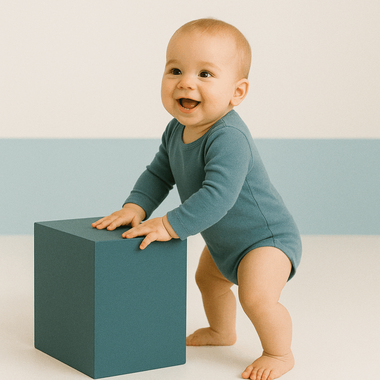 Een tien maanden oude baby staat en houdt zich vast aan een kubus in blauwtinten, met een vrolijke blik en zachte, natuurlijke verlichting.