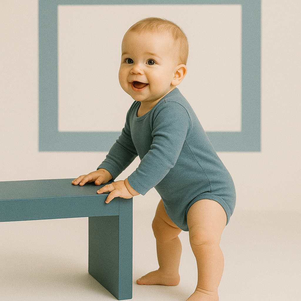 Een elf maanden oude baby leunt tegen een laag bankje en glimlacht, in een rustige studio met geometrische vormen op de achtergrond.