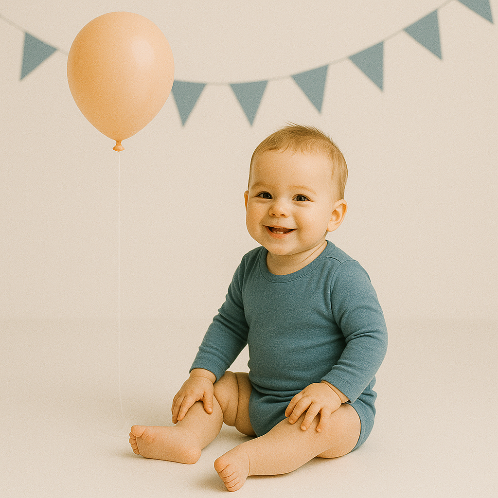Een éénjarige baby zit bij een pastel oranje ballon en blauwe slinger, glimlachend in een feestelijke maar eenvoudige studiosfeer.