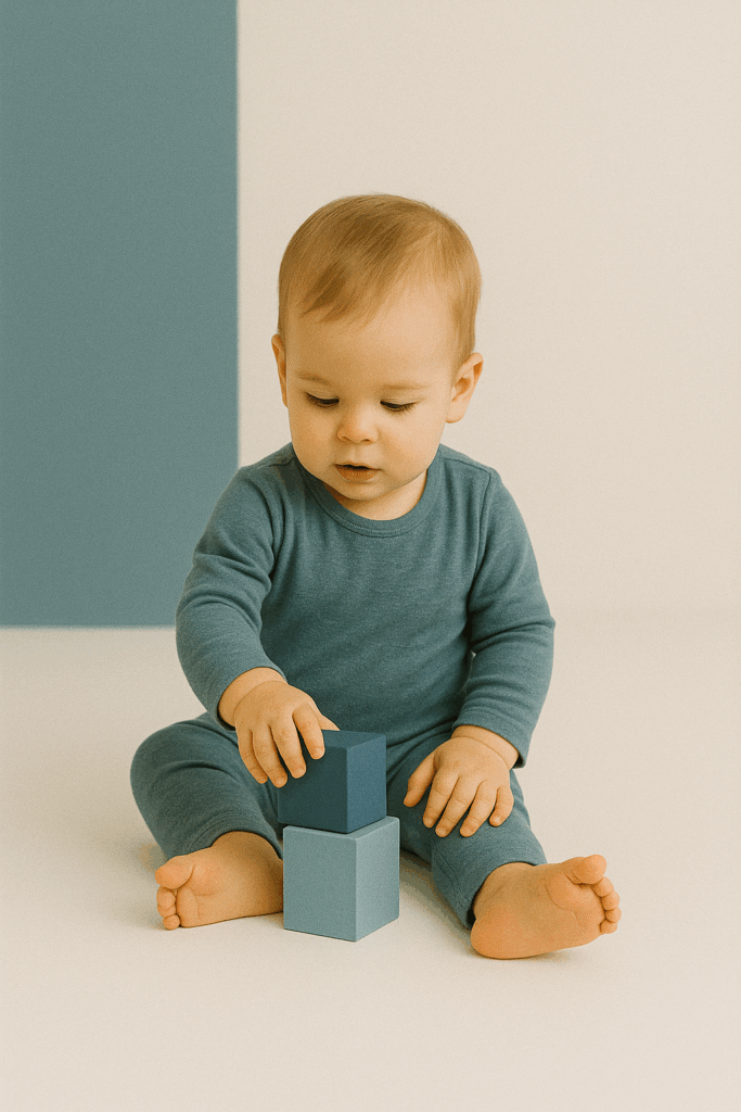 Een dertien maanden oude baby stapelt twee houten blokken in blauw- en grijstinten, gefocust in een heldere, minimalistische omgeving.