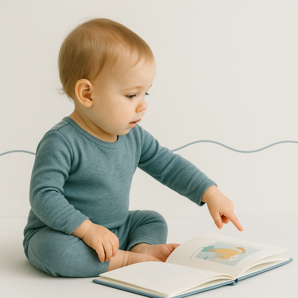 Een veertien maanden oude baby wijst naar een prentenboek, omringd door zachte lijnen en neutrale tinten in een serene studio.