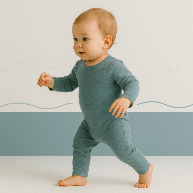 Een vijftien maanden oude baby zet de eerste stapjes met een vastberaden blik, in een lichte ruimte met subtiele golflijnen op de muur.