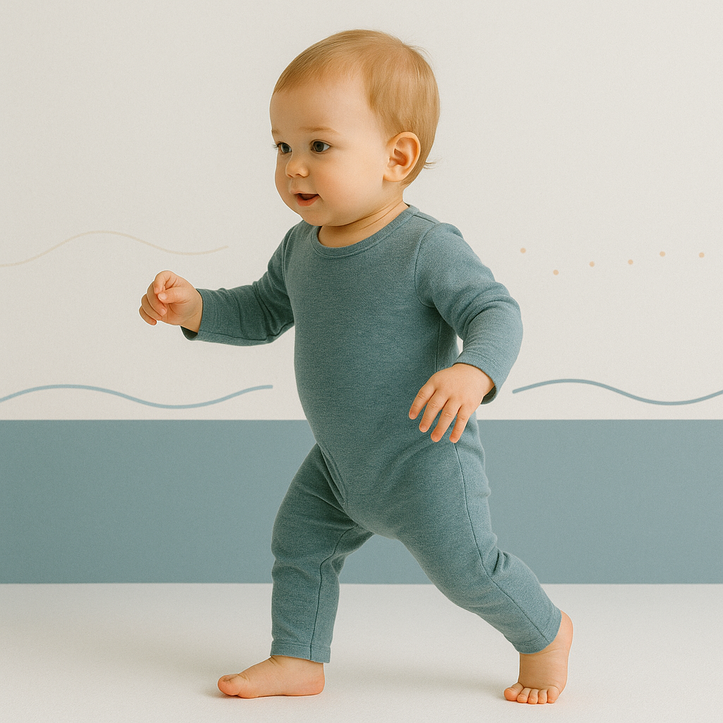 Een vijftien maanden oude baby zet de eerste stapjes met een vastberaden blik, in een lichte ruimte met subtiele golflijnen op de muur.