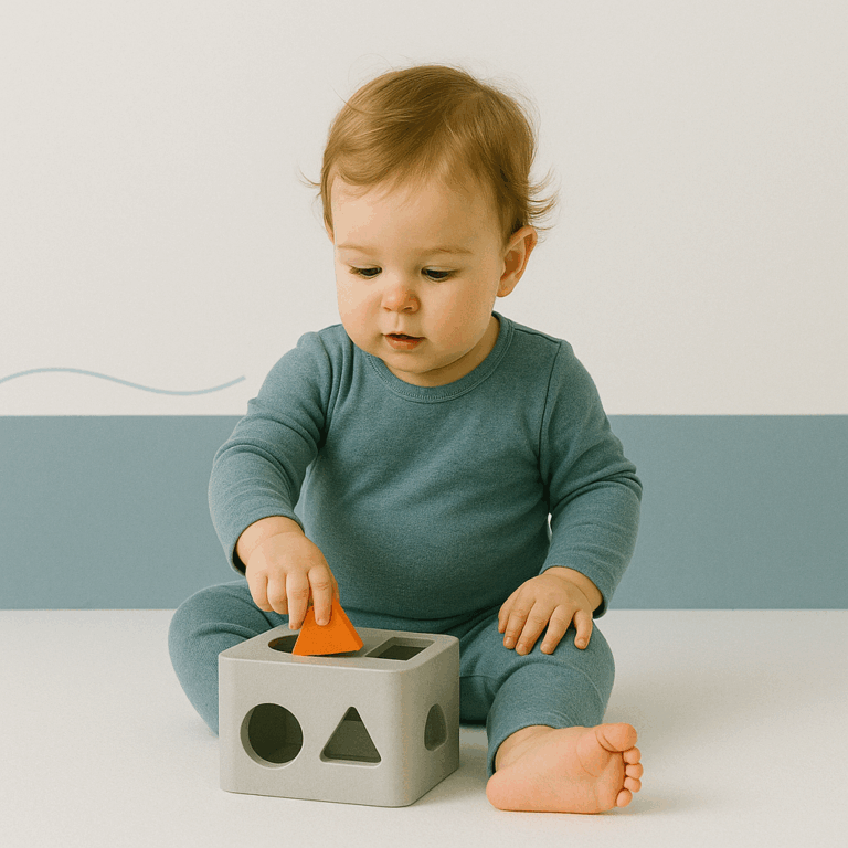 Een zestien maanden oude baby speelt met een vormendoos en plaatst een oranje driehoek in het juiste gat, met geconcentreerde uitdrukking.