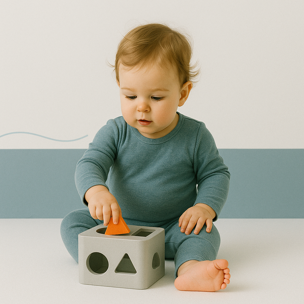 Een zestien maanden oude baby speelt met een vormendoos en plaatst een oranje driehoek in het juiste gat, met geconcentreerde uitdrukking.