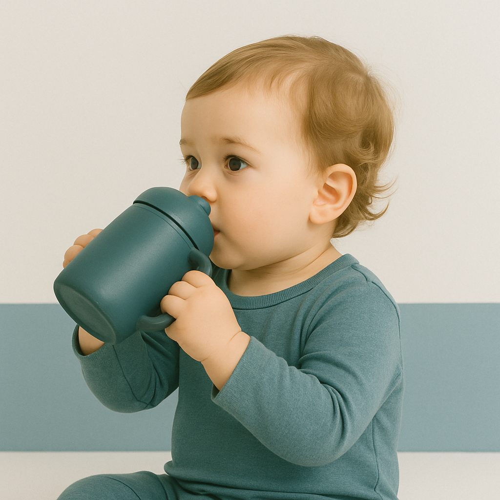 Een zeventien maanden oude baby drinkt uit een donkerblauwe tuitbeker, in een rustige, lichte omgeving met zachte kleuren.