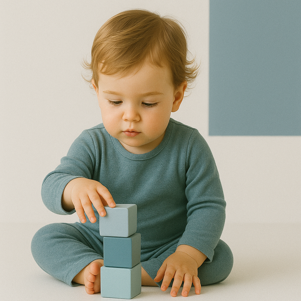 Een achttien maanden oude baby bouwt geconcentreerd een toren van drie blokken in blauwtinten, tegen een witte achtergrond.