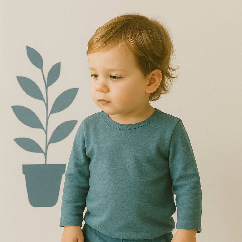 Een negentien maanden oude peuter staat rustig voor een lichte muur met een blauwgrijze plantenillustratie, in een kalme sfeer.