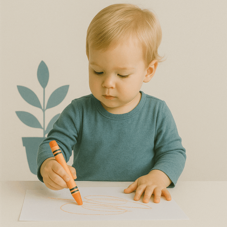 Een twintig maanden oude baby tekent met een oranje waskrijt op wit papier, aan een minimalistisch tafeltje in zachte belichting.