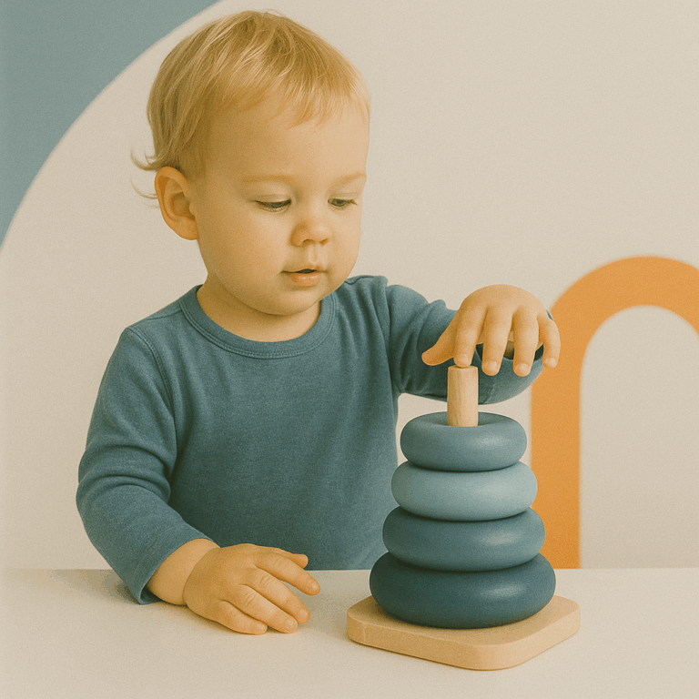Een eenentwintig maanden oude baby stapelt houten ringen in blauw- en grijstinten, tegen een lichte achtergrond met subtiele oranje boog.