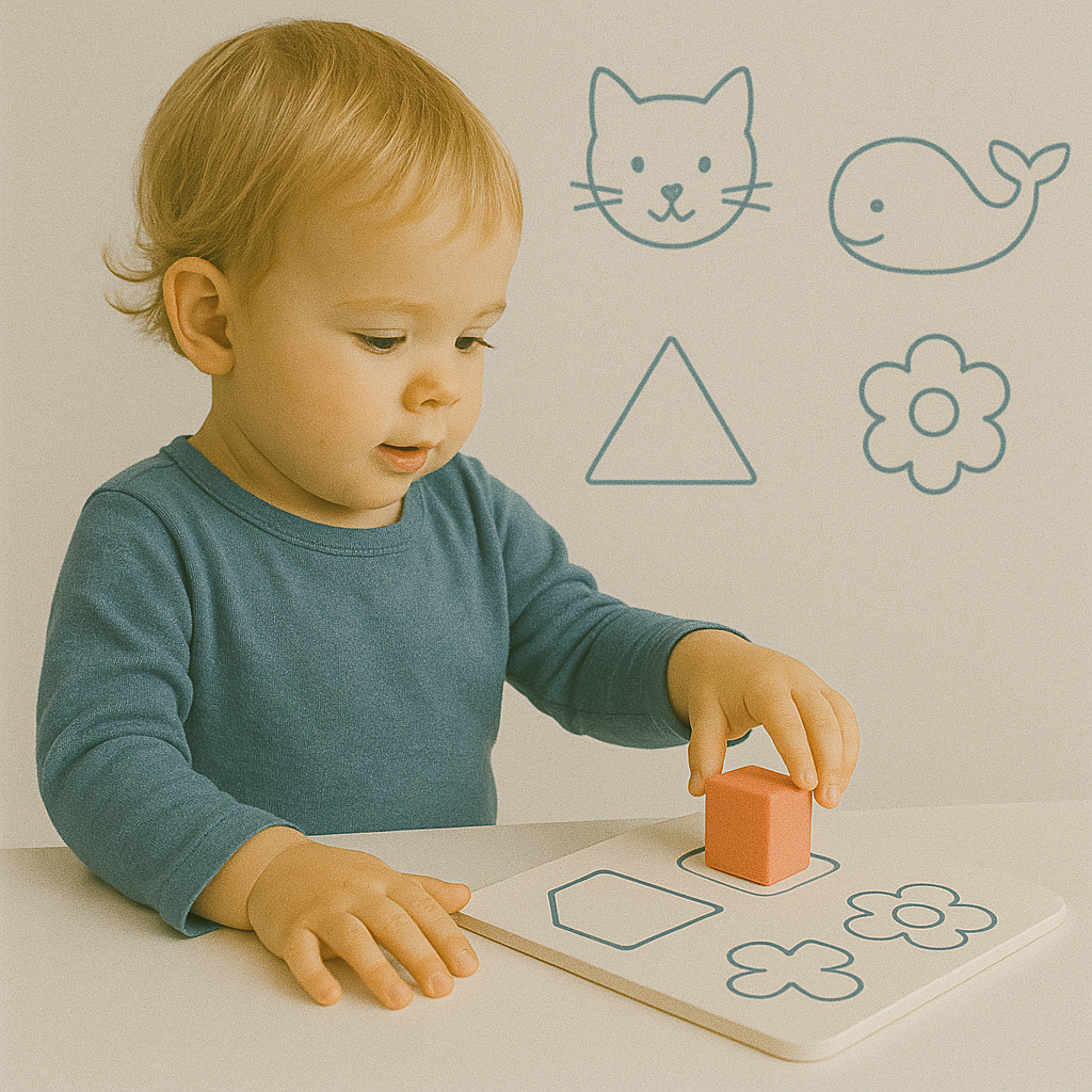 Een tweeëntwintig maanden oude baby speelt met een vormenpuzzel en plaatst een oranje blok in het juiste vak, met eenvoudige lijntekeningen op de muur.