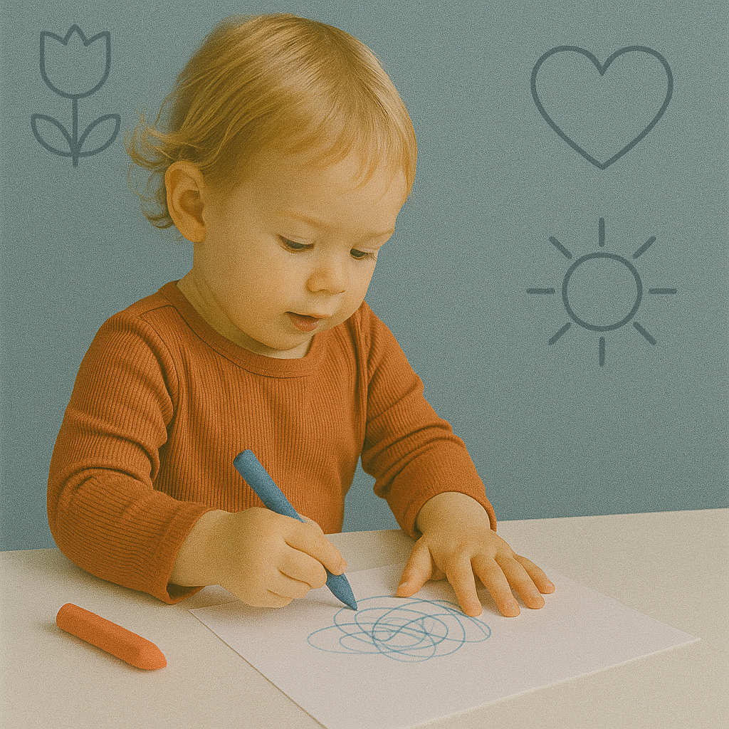 Een drieëntwintig maanden oude baby tekent met blauwe en oranje krijtjes op wit papier, voor een blauwgrijze muur met eenvoudige lijnillustraties.