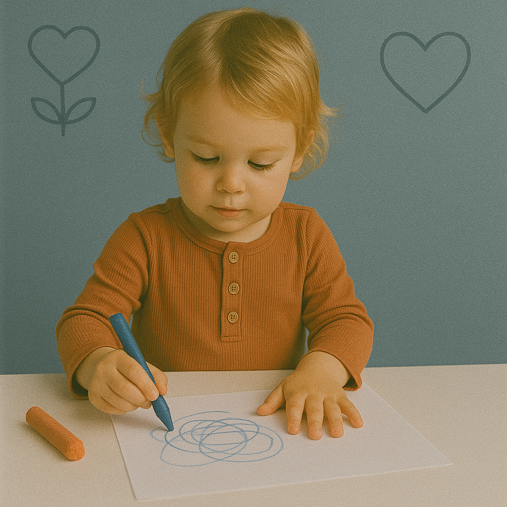 Een vierentwintig maanden oude peuter zit aan tafel en tekent geconcentreerd met blauwe en oranje krijtjes, tegen een rustige blauwgrijze achtergrond.