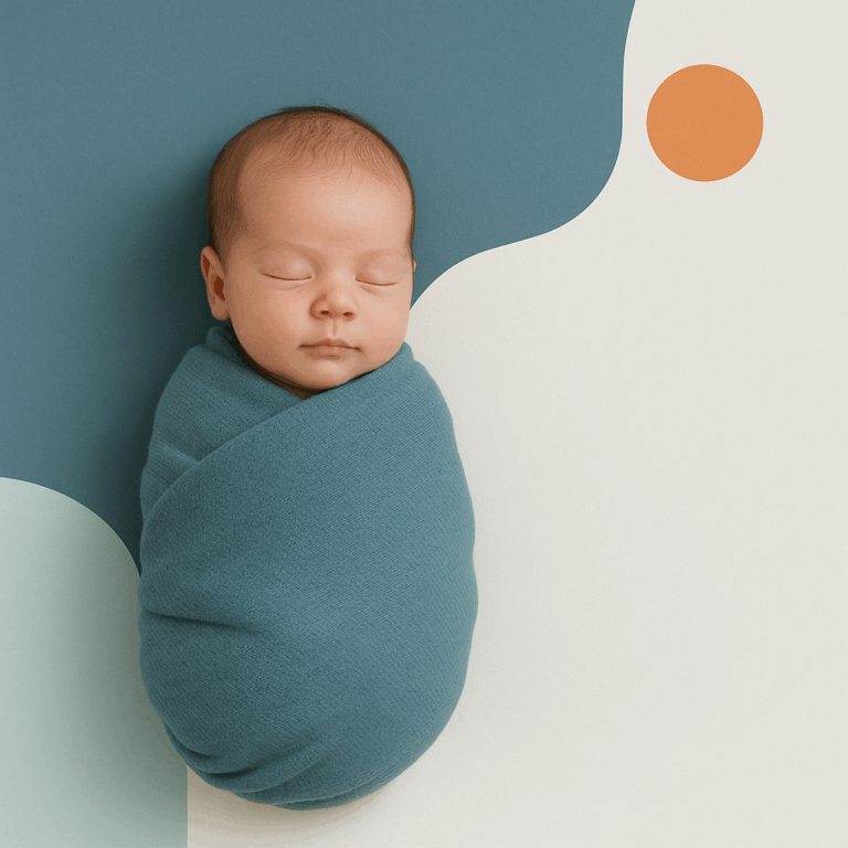 Een pasgeboren baby van één maand, vredig ingepakt in een zachte doek onder natuurlijk licht, in een minimalistische, warme setting.